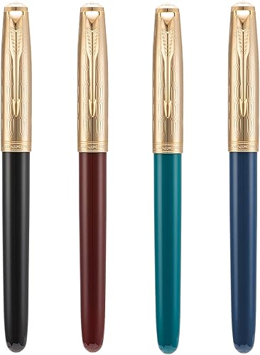 Juego de 4 bolígrafos estilográficos de resina Jinhao 86 mejorados, punta extrafina, 0.015 in, hermoso metal en forma de flor, juego de oficina de