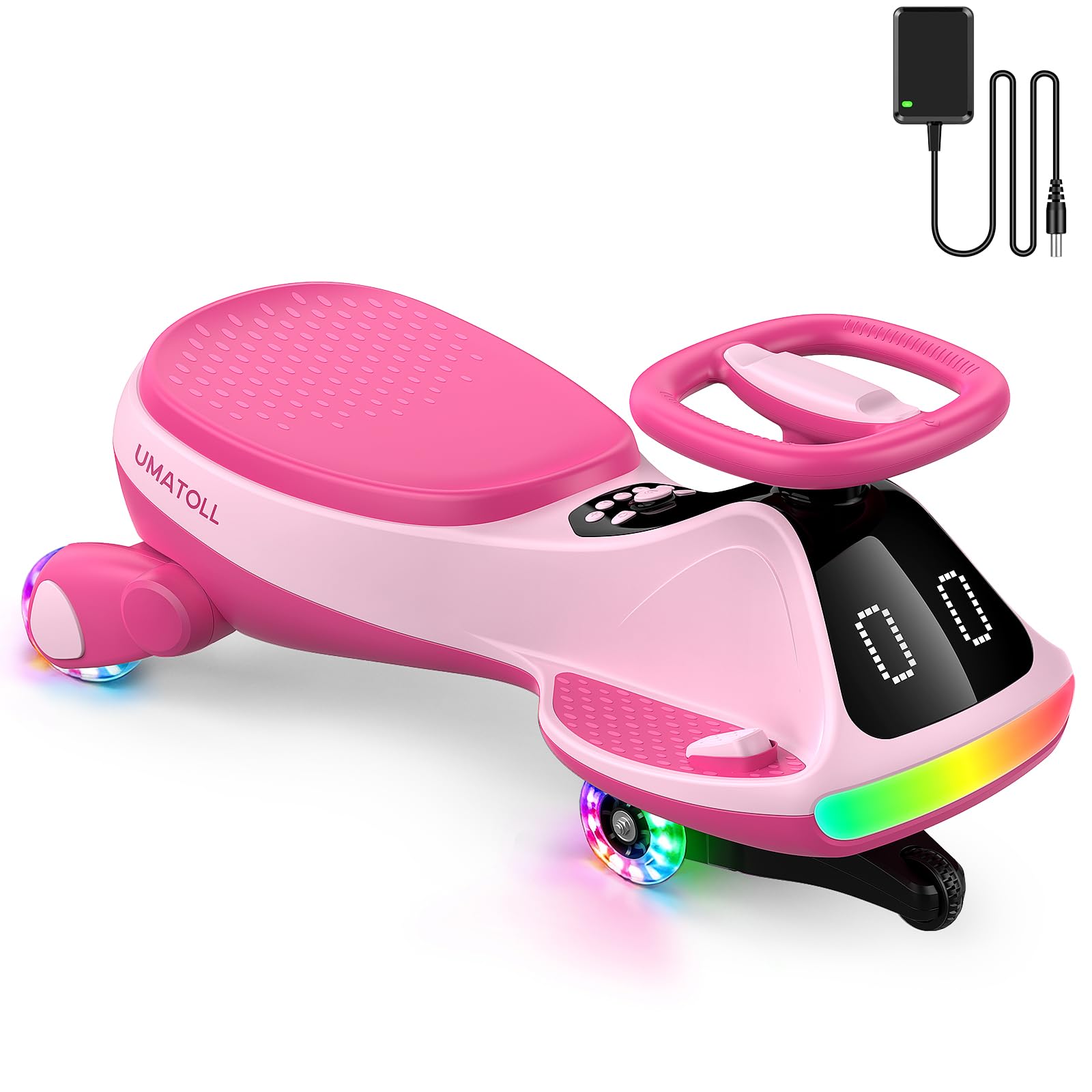 Umatoll 12V Electric Wiggle Car for Kids with Pedal, Display, Rechargeable Battery, LED Light, Bluetooth, Light-Up Wheels, Anti-Rollover, 2 Speeds, Ride on Toys, Birthday Gifts for Age 3+, 150Lbs