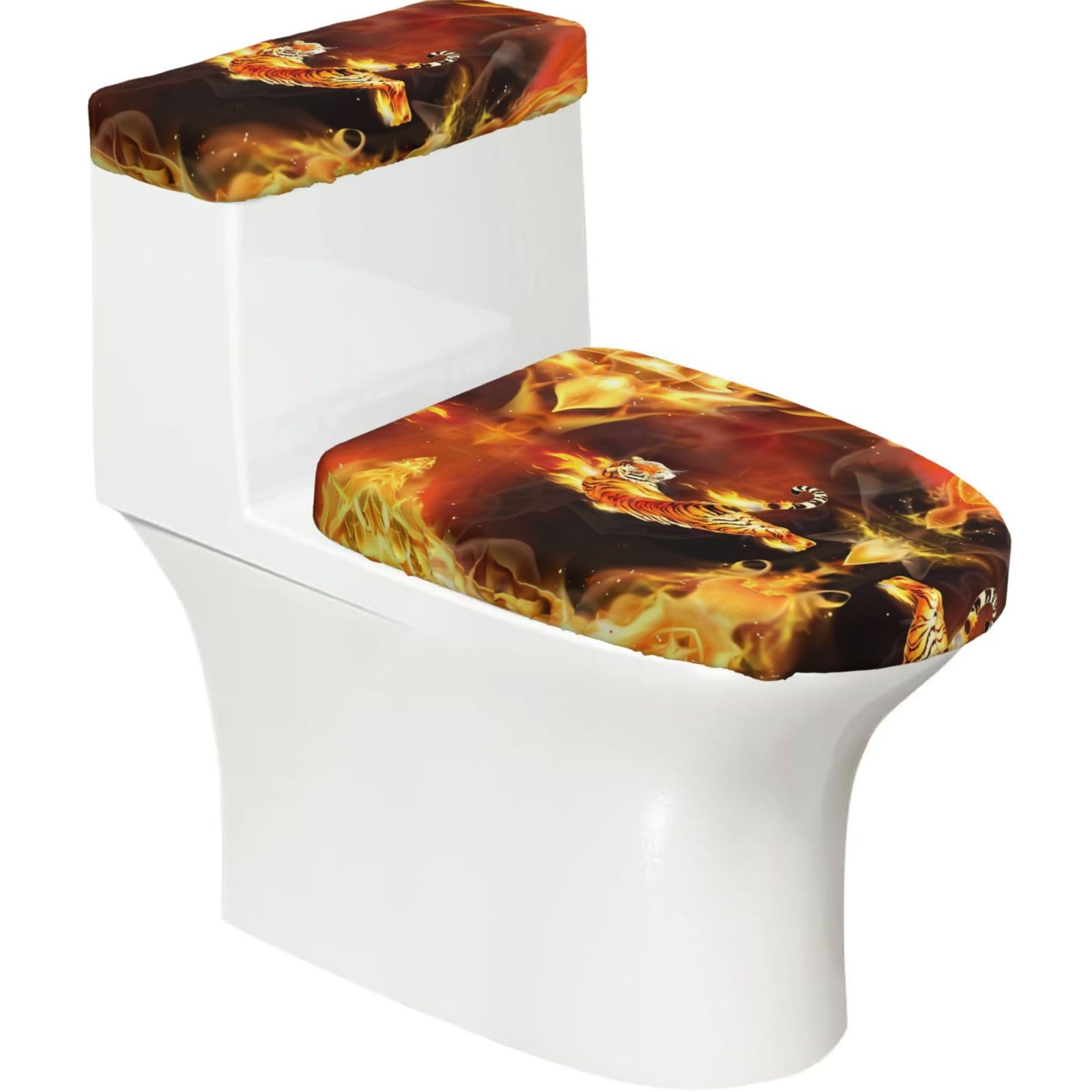 Mrowyc Black Cool Tiger In Flame Printed Toilet Seat Set - Set Of 2 - Universal Toilet Seat Cover - Housewarming Birthday Christmas Gift