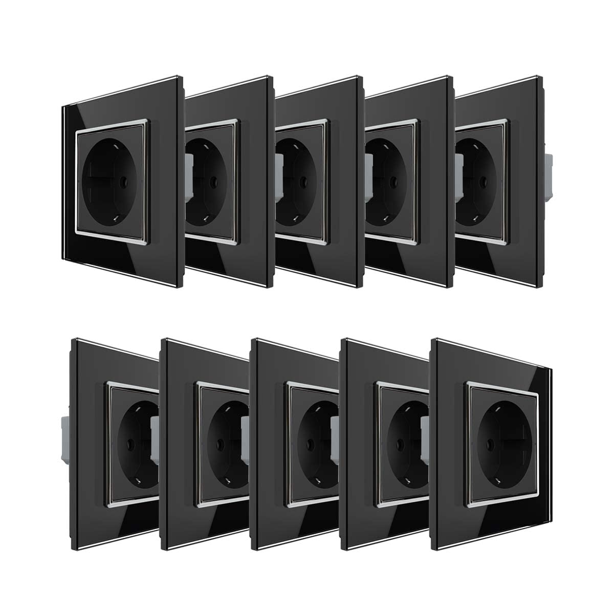 Livolo Schuko - Enchufe de pared (10 unidades, incluye marco de cristal de cristal), color negro