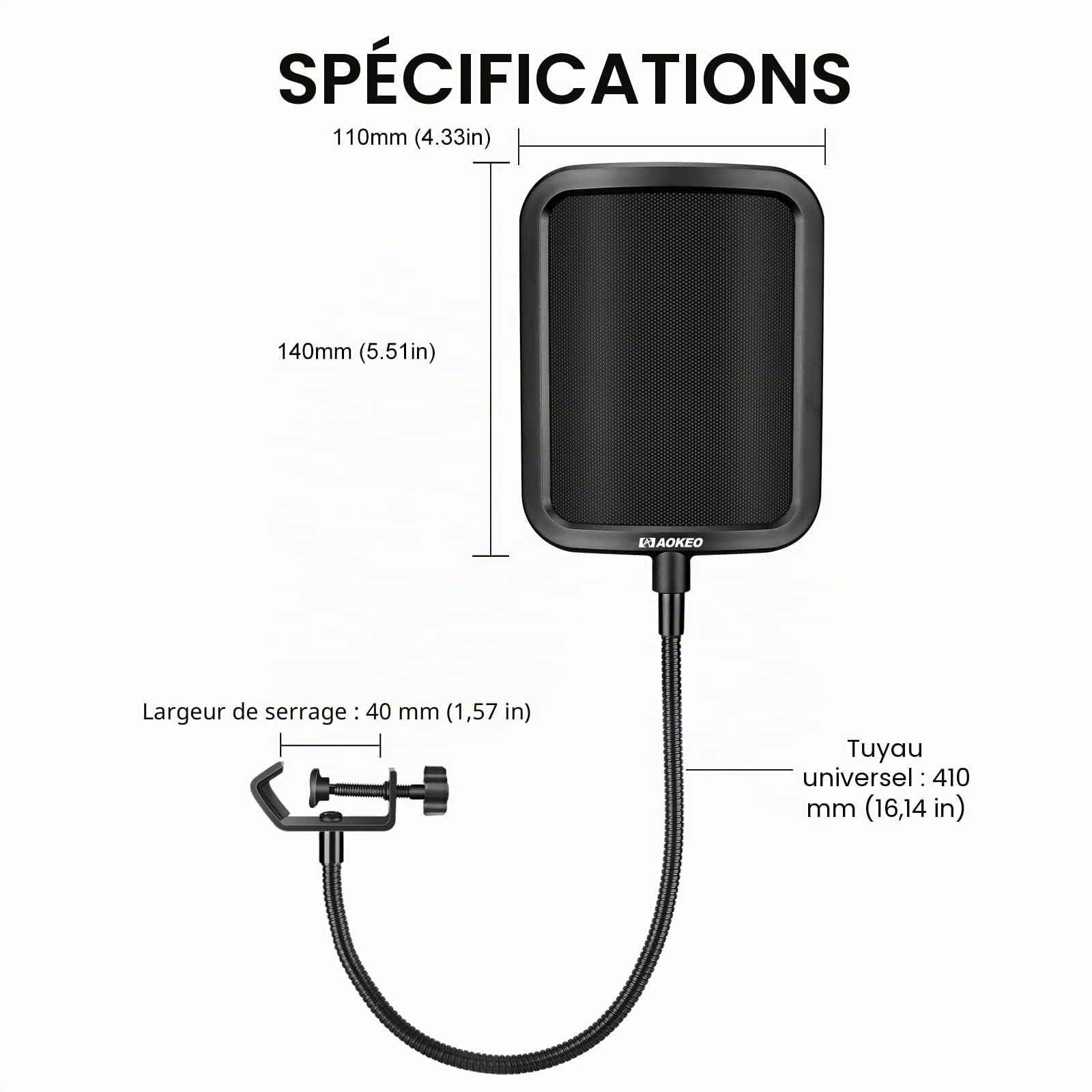 Aokeo Filtre anti-pop professionnel en métal pour microphone Blue Yeti, HyperX QuadCast et tout autre microphone, écran Wind Pop avec un bras de stabilisation flexible à 360 °