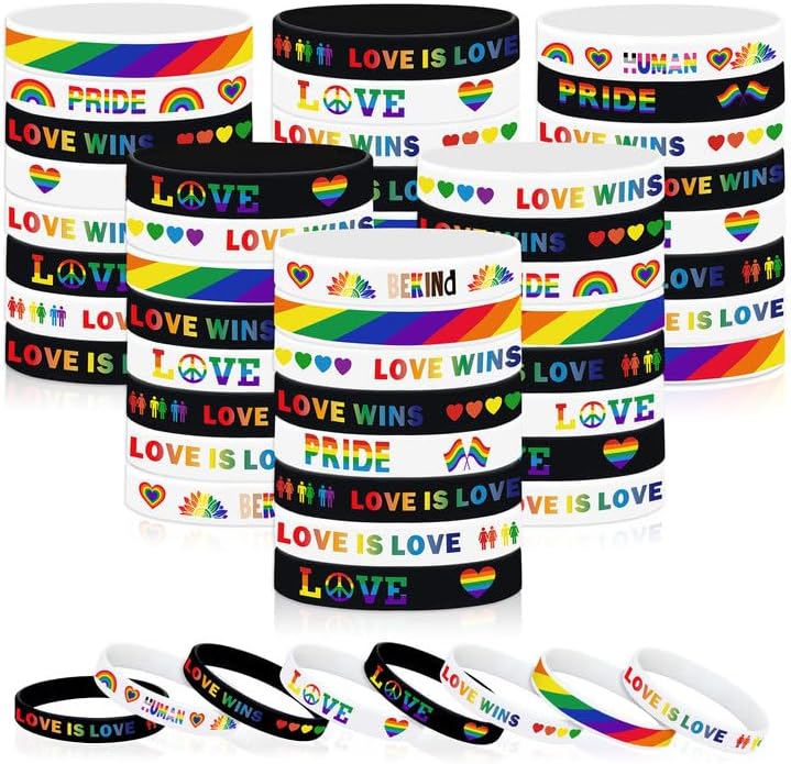 JUNEBRUSHS 64pcs Rainbow Pride Silicone Bracelets LGBT Support Rubber Wristbands for Pride Day Month Parades Decorations Party Accessories (8 Designs)