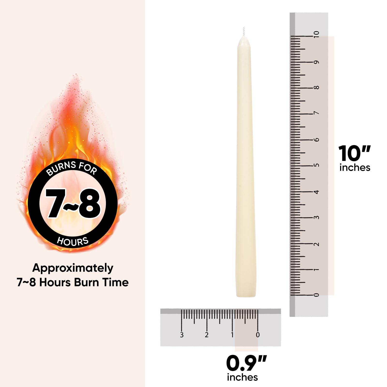 TONGKAE Ivory Taper Candles, Set of 4, 10 in, Unscented, Smokeless, Dripless, Cotton Wick, 7-8 Hour Burn Time, for Dinners, Weddings, Parties, Holidays, Home Decor