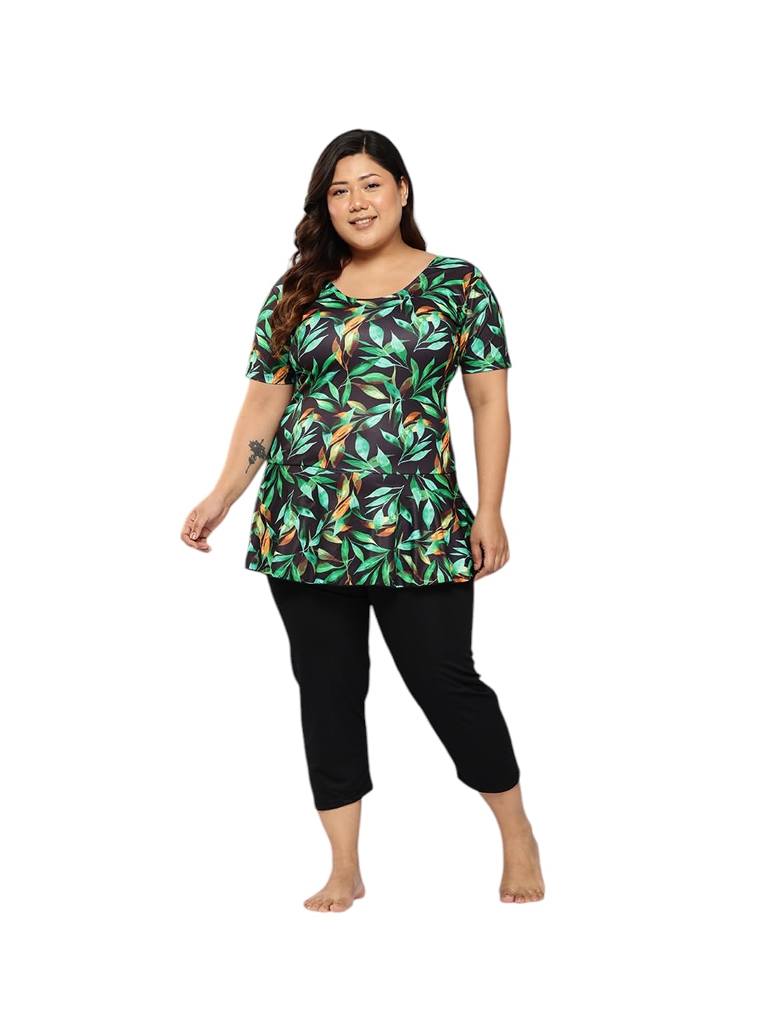 Womens Sports Wear Black-Green Colour Floral Print Nylon Plus Size Swim Suit