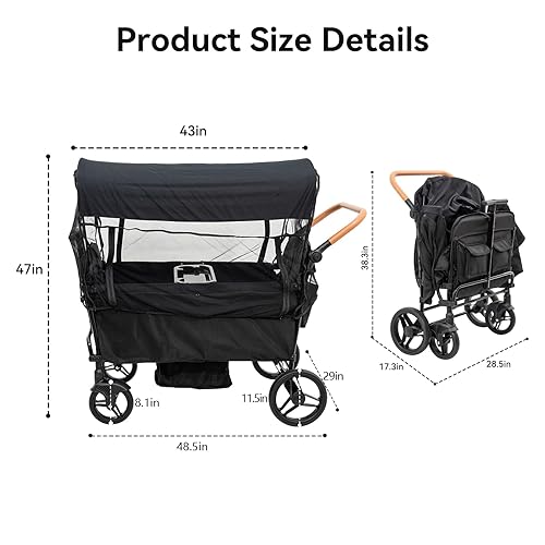 Miniatura 9 de Cochecito para 4 niños sentados en tándem plegable carrito de viaje ligero con arnés de 5 puntos, mango ajustable y dosel, mosquitera, huecos,