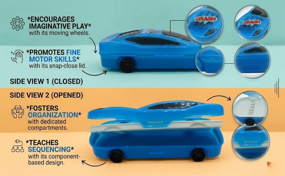 Image of Neokiddo Medium Size Racing Car Pencil Box for Kids | Sports Car Shape Geometry Stationery Box with Moving Wheels | Plastic School Pencil Case for Boys & Girls (Blue)