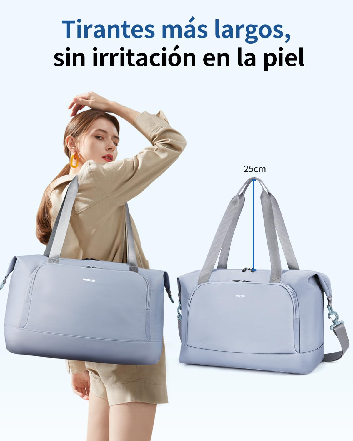 ECOHUB Bolsa de Viaje Plegable, Equipaje de Mano Ligera y Resistente al Agua para el Fin de Semana, Bolsa Viaje con Reciclada Bolsillo Húmedo Extraíble para Mujer y Hombre, 30L-Gris