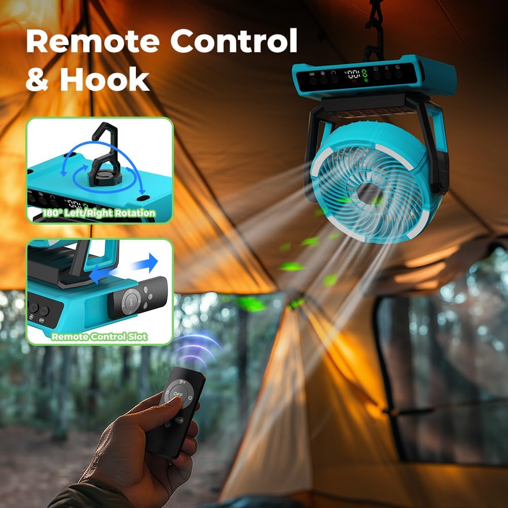 Rechargeable Camping Fan - 30000mAh Battery Powered Portable Fan with LED Lantern - 360°Rotation & 9 Speeds Battery Operated Outdoor Beach Tent Fans for Camping, Hiking, Travel, Home Office, Blue - Image 5