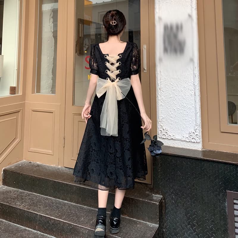 Amazon.co.jp: N/A Retro Lace Dress Women's Summer Mid-Length Dress