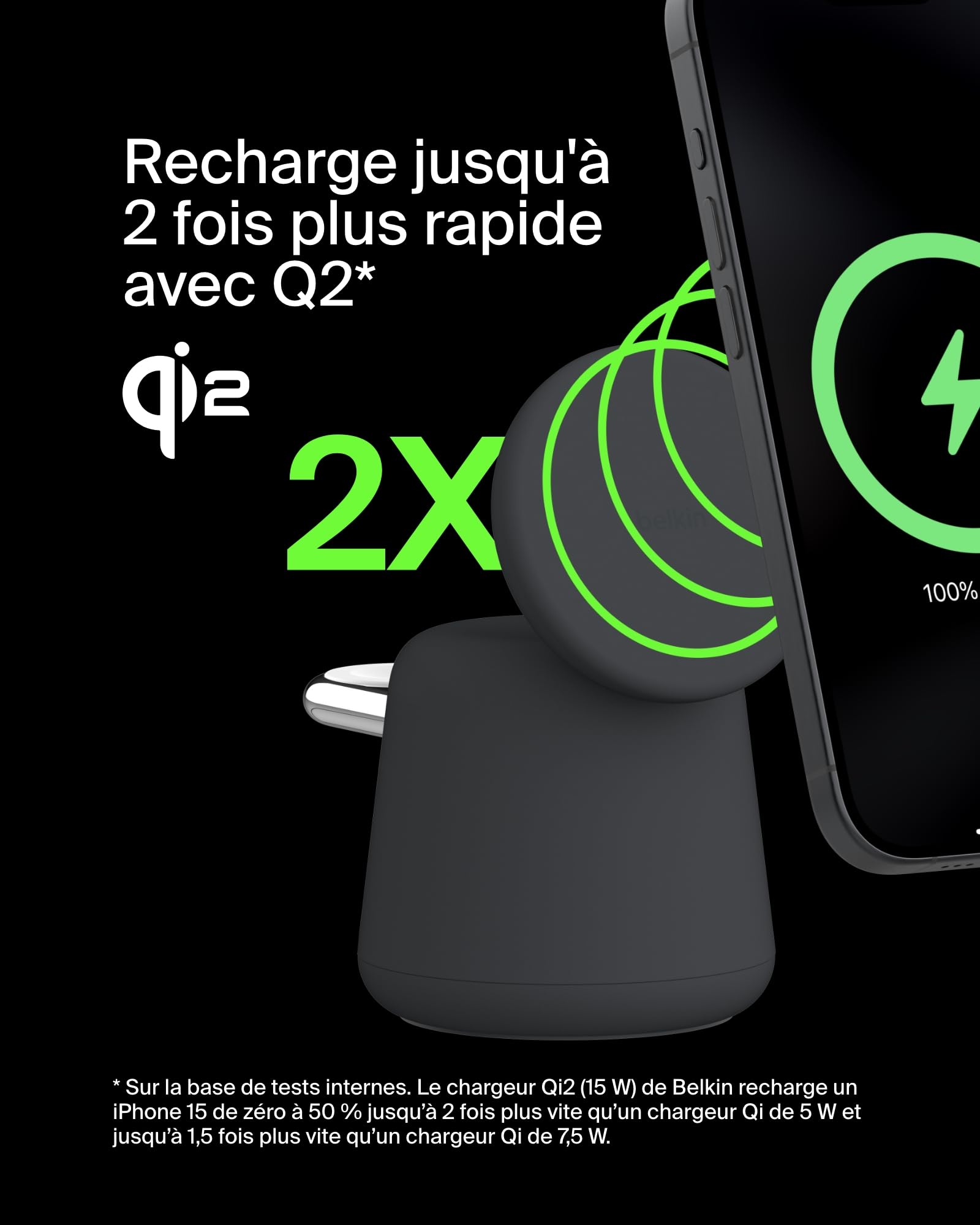 Belkin BoostCharge Pro Station de Recharge 2-en-1 avec Qi2, 15 W, Compatible MagSafe, pour iPhone 17, iPhone Air, Pixelsnap, Apple Watch, AirPods, Adaptateur Secteur Inclus - Noir