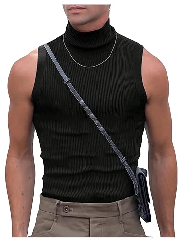 Men's Mock Turtleneck Tank Ribbed Knit Slim Fit - X-Large - Black