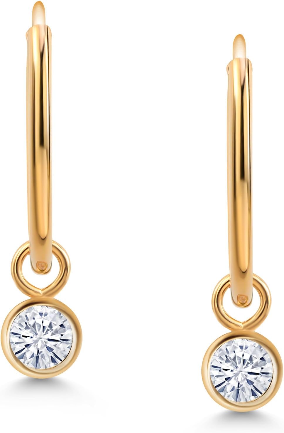 Gem Stone King 14K Yellow Gold White Moissanite Snap Closure Continuous Endless Drop Dangle Hoop Earrings For Women (0.20 Cttw, Round 3MM)