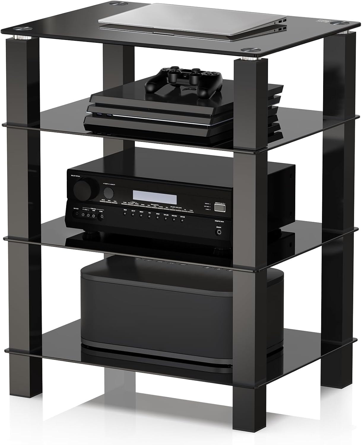 FITUEYES Supporto HIFI con 4 Ripiani in Vetro Nero, Rack HiFi ad Altezza Regolabile, Mobile Giradischi 60 × 46 × 77 cm, Carico 40 kg, per Amplificatore/Giradischi