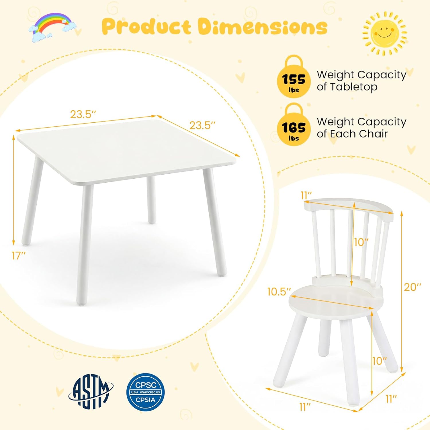 HONEY JOY Kids Table and Chairs, Children Sturdy Wooden Activity Set for Art, Drawing, Reading, Windsor Dining Chairs w/Spindle Back, Toddler Table and Chair Set for Playroom, Daycare (White)