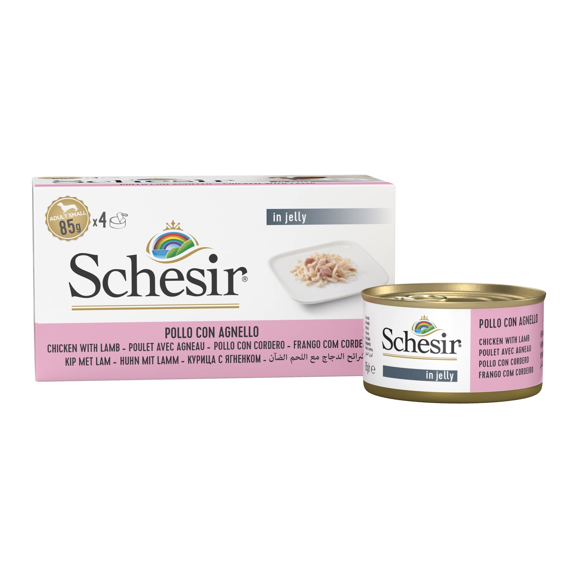 Schesir, Alimento Húmedo para Perros Adultos con Pollo Y Cordero, En Suave Gelatina (24 Latas De 85 G)