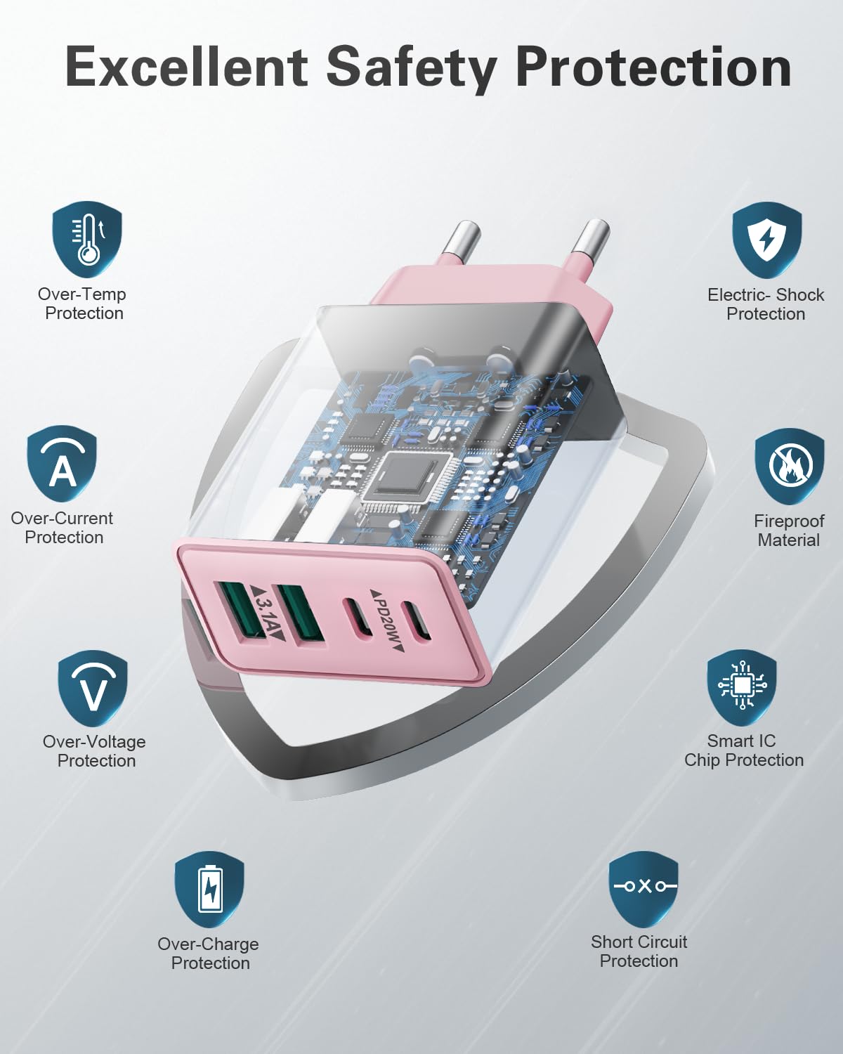 Caricatore USB C Rapido 40W 4-Porto Presa USB Multipla PD+QC 3.0 Carica Spina, Alimentatore USBC Caricabatterie per iPhone 17 16 15 14 13 12 11 Pro Max Plus, Samsung, Spinotto Muro Adattatore