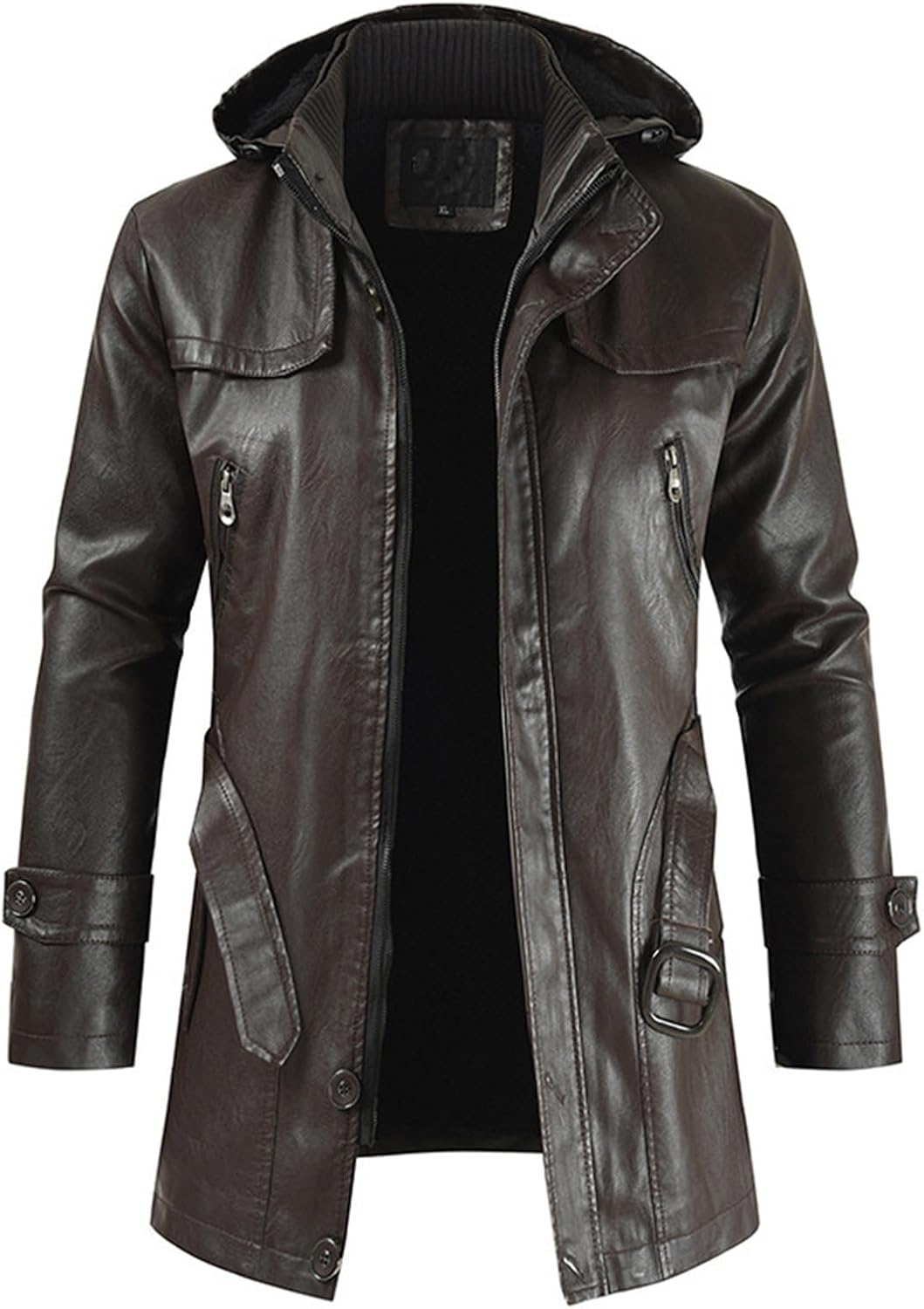 Men's Belt Hooded Leather Biker Jacket Mid Length Motorcycle Bomber Jacket Fall Winter Windproof Trench Coats