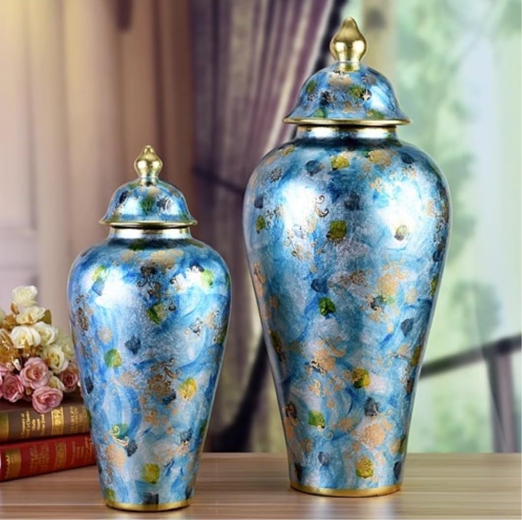 花柄装飾の陶器花瓶 蓋付き 壺 壷 つぼ フラワーベース 蓋付き フタ 