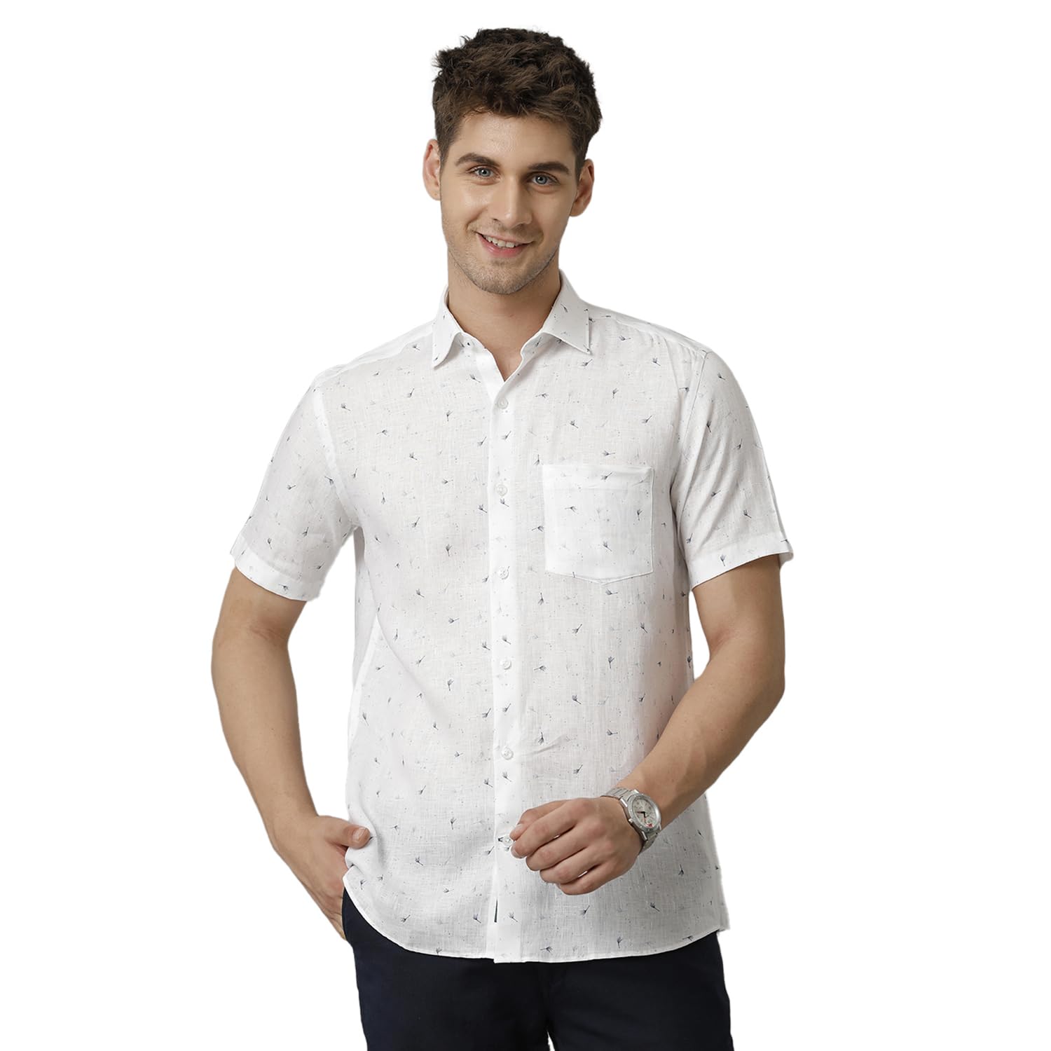 Linen Club Men's Pure Linen White Printed Slim Fit Half Sleeve Casual Shirt