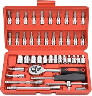 Gunpla 46 Piece 1/4" Drive Socket Wrench Driver Bits Metric Set Flexible Extension Rods with Reversible Ratchet Spanner for Car Bicycle Motor