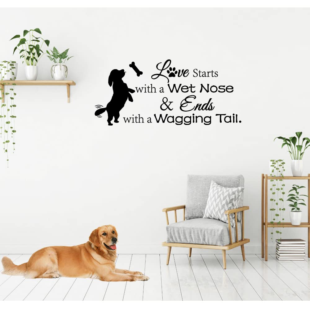 Fencosyn Arts Wall Decal Love Starts with a Wet Nose and Ends with a Wagging Tail Cute Doggy Apartment Bedroom Living Room Vinyl Home Wall Stickers