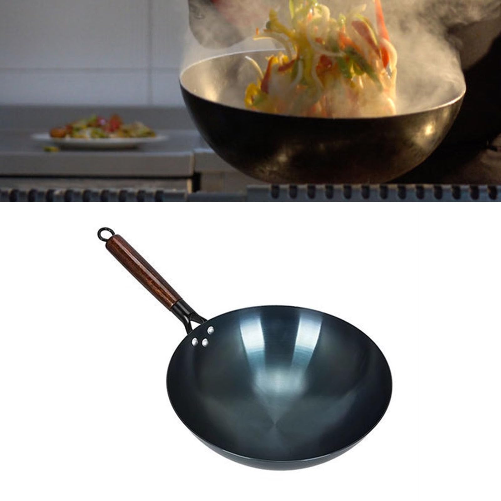 SIXRUN Padella Wok in Ferro, Wok Antiaderente con Manico Singolo con Fondo Tondo Cinese Tradizionale in Ferro Raffinato per Ampia Applicazione per Ristoranti Domestici (38 cm)