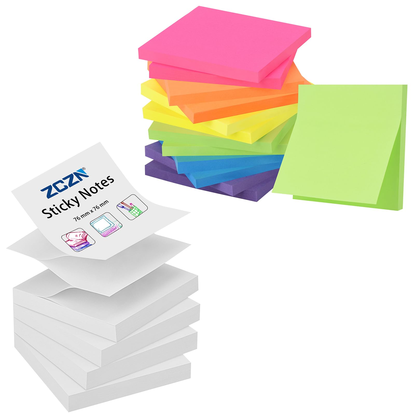 4 Pads White Pop-up Sticky Notes + 12 Pads 6 Colors Sticky Notes, ZCZN 1120 Sheets Self-Stick Note Pads, Easy to Post for Office, Home, Meeting, School