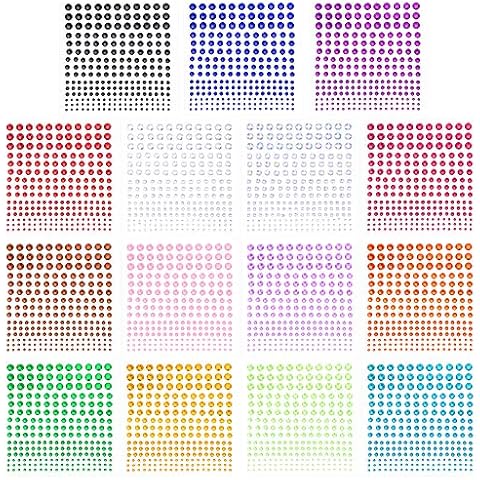 PHOGARY Self-Adhesive Rhinestone Sticker 3375 Pieces Crystal in 5 Size 15 Colors Bling Jewels Gems Stick on for Crafts, Face Makeup, DIY Nails, Festival, Carnival, Body, Hair Cover
