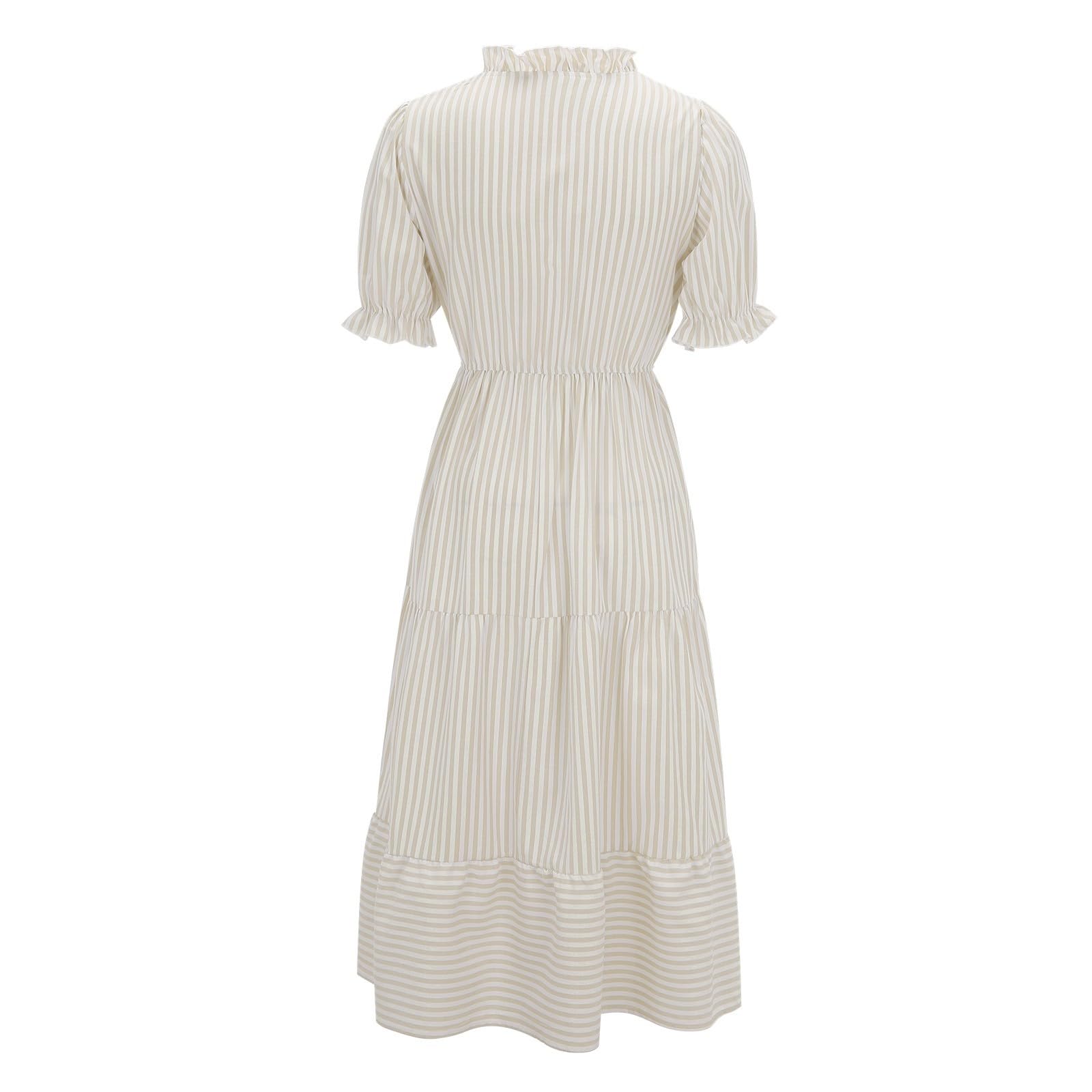 Vestido de verano a rayas con cuello en V, manga corta, elástico, acampanado, perfecto para fiestas en la playa, estilo casual