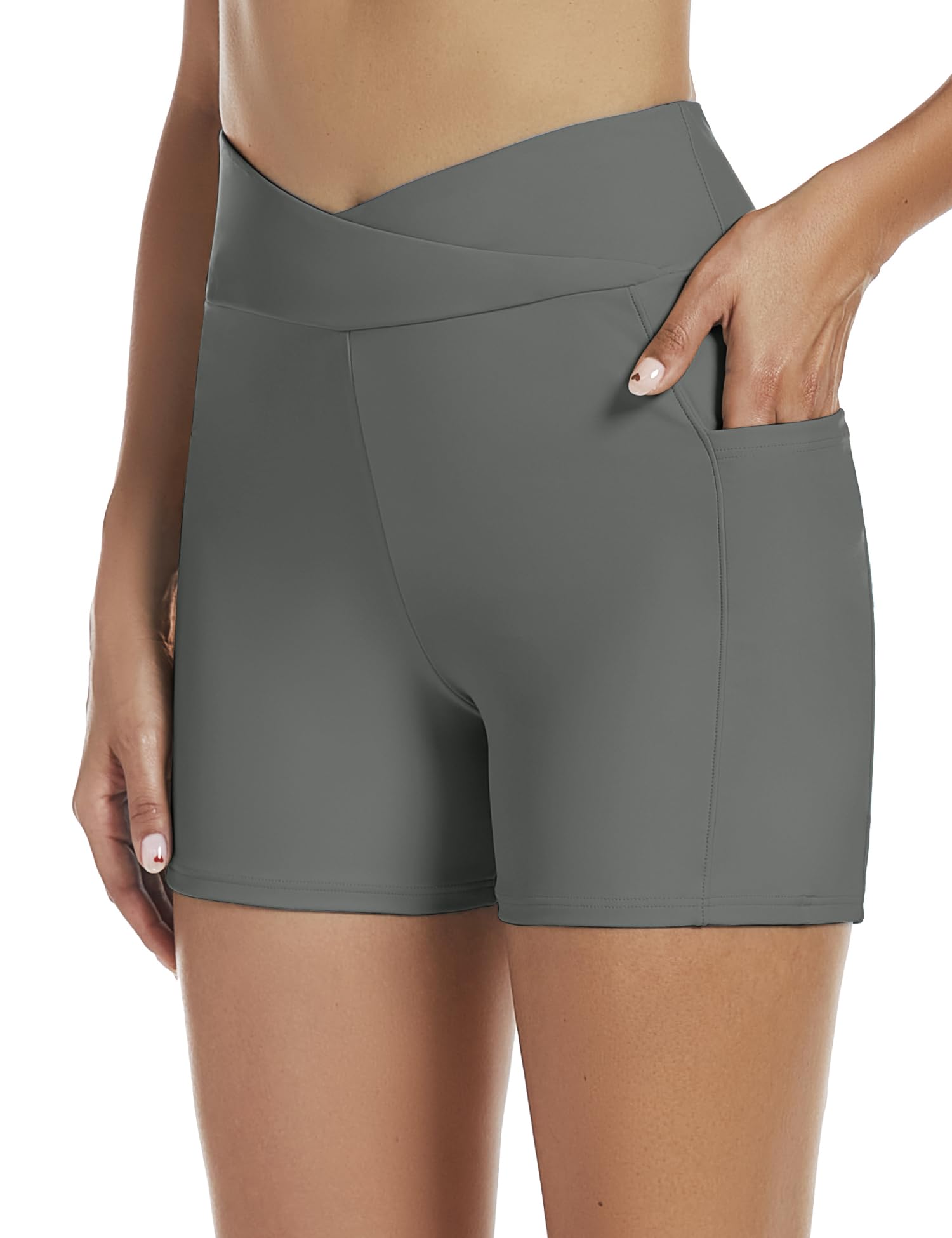 Tournesol Women's 4" Swim Shorts High Waisted Swimsuit Bottoms Cross Waist Bathing Suit Swimwear Boy Shorts with Pocket