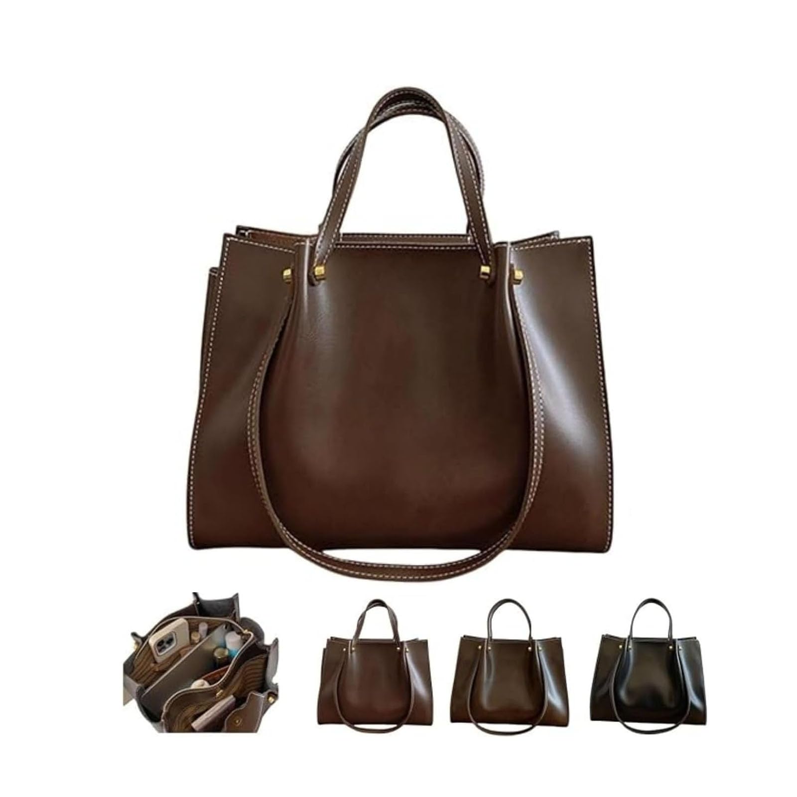 Large Capacity Slouchy Work Tote Bag with Zipper, Leather Shoulder Bag for Women, Women's Totes Shoulder Bags, Soft Leather Handbags for Women (Brown)