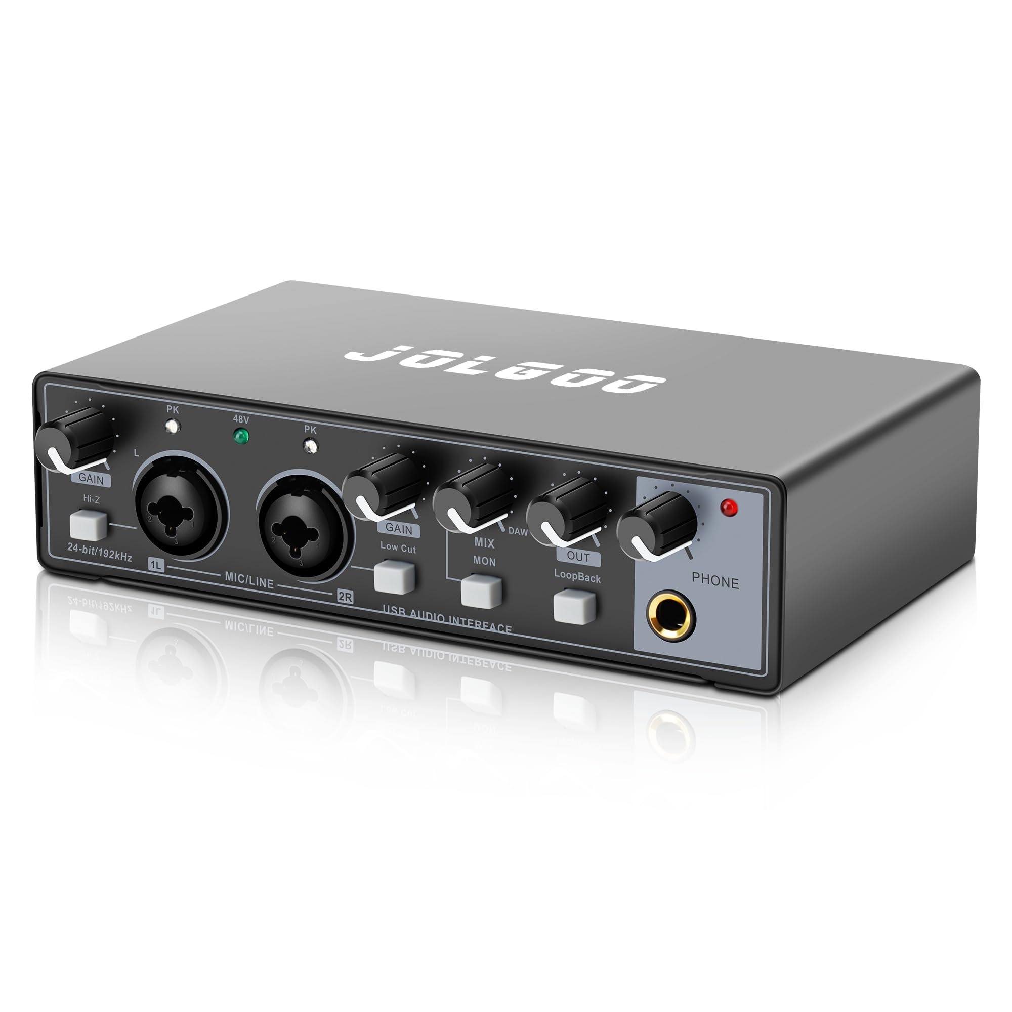 Interface audio USB pour l'enregistrement de musique, 24 bits/192 kHz, interface audio Plug and Play pour PC, Mac et smartphone - Faible latence, entrée XLR/ligne, sortie casque