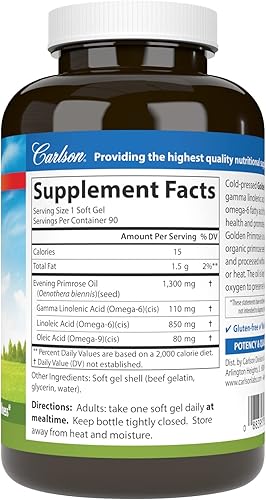 Miniatura 2 de Carlson - Onagra dorada, 1300 mg de aceite de onagra, prensado en frío, piel saludable, salud de la mujer y bienestar óptimo, 90 cápsulas blandas