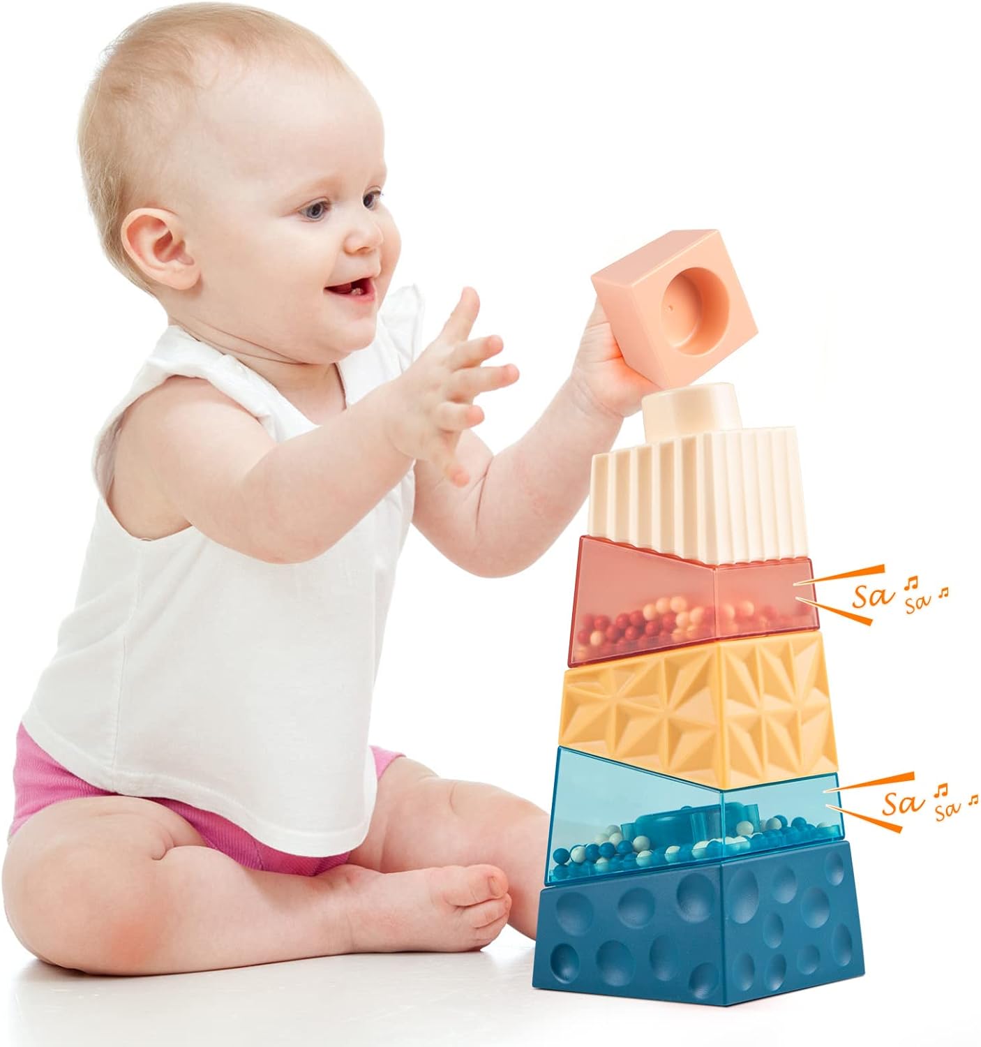 KINGTLE Baby Stacking Blocks with Rattle Montessori Toys