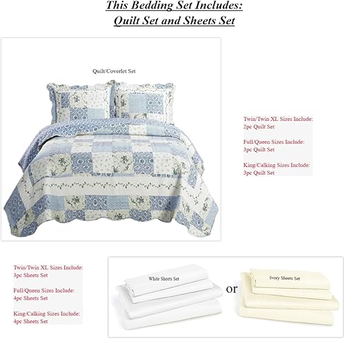 Miniatura 6 de Juego de colcha de 7 piezas, tamaño matrimonial, microfibra acolchada sin arrugas con estampado Brea, incluye juego de 3 cubrecamas y juego de