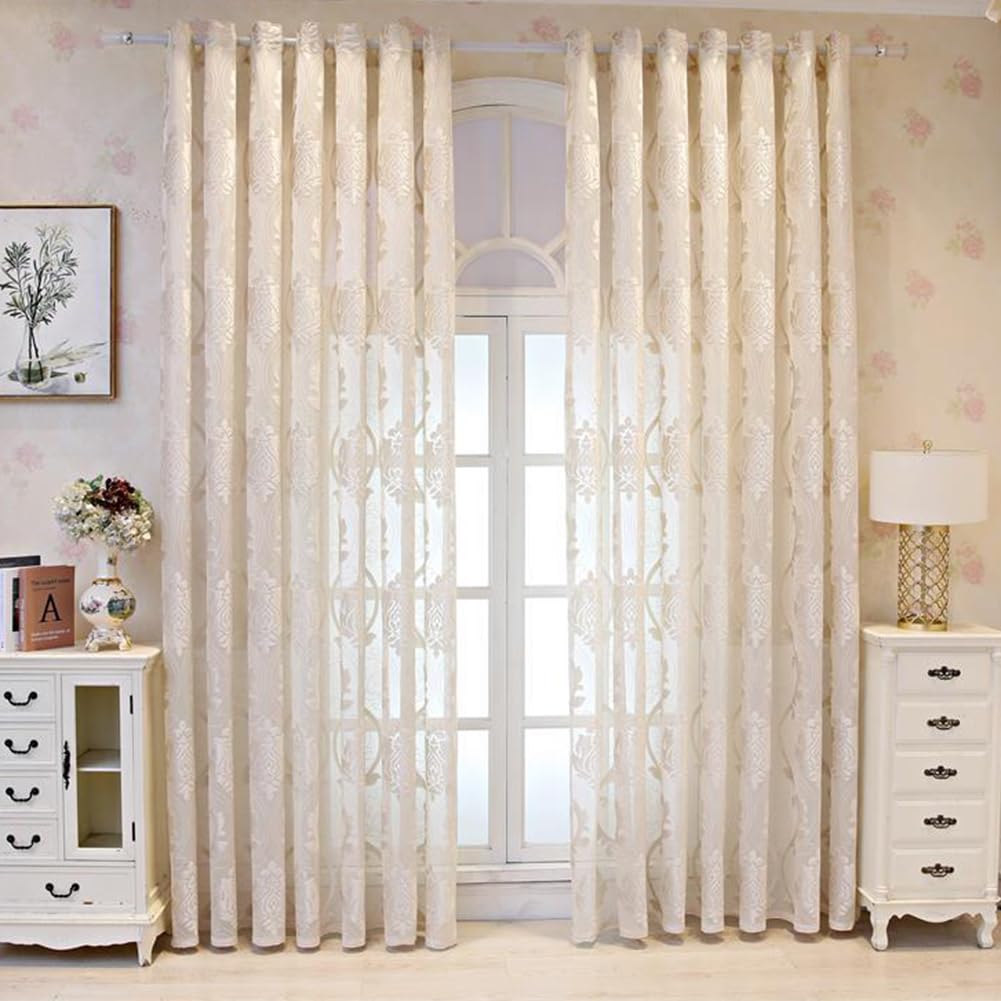 Elegancki zestaw przezroczystych zasłon 2 szt., 140 x 260 cm, kremowe zasłony na przelotkach z romantycznym barokowym wzorem, półprzezroczyste zasłony filtrujące światło do wystroju domu w stylu