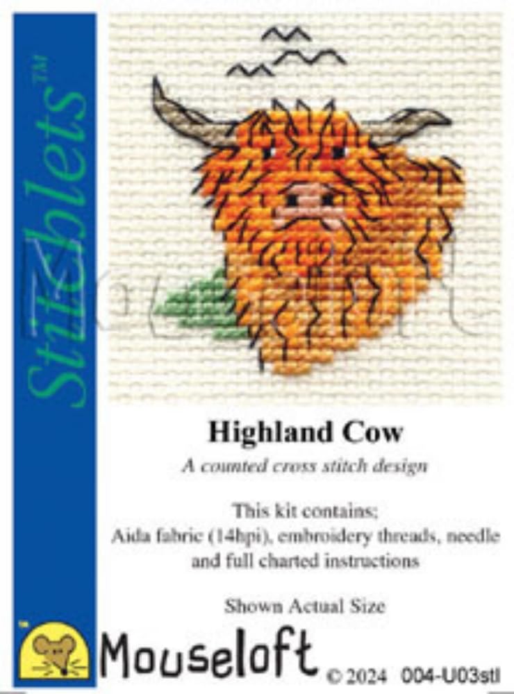 Mouseloft Mini Cross Stitch Kit - Highland Cow, Stitchlets Collection