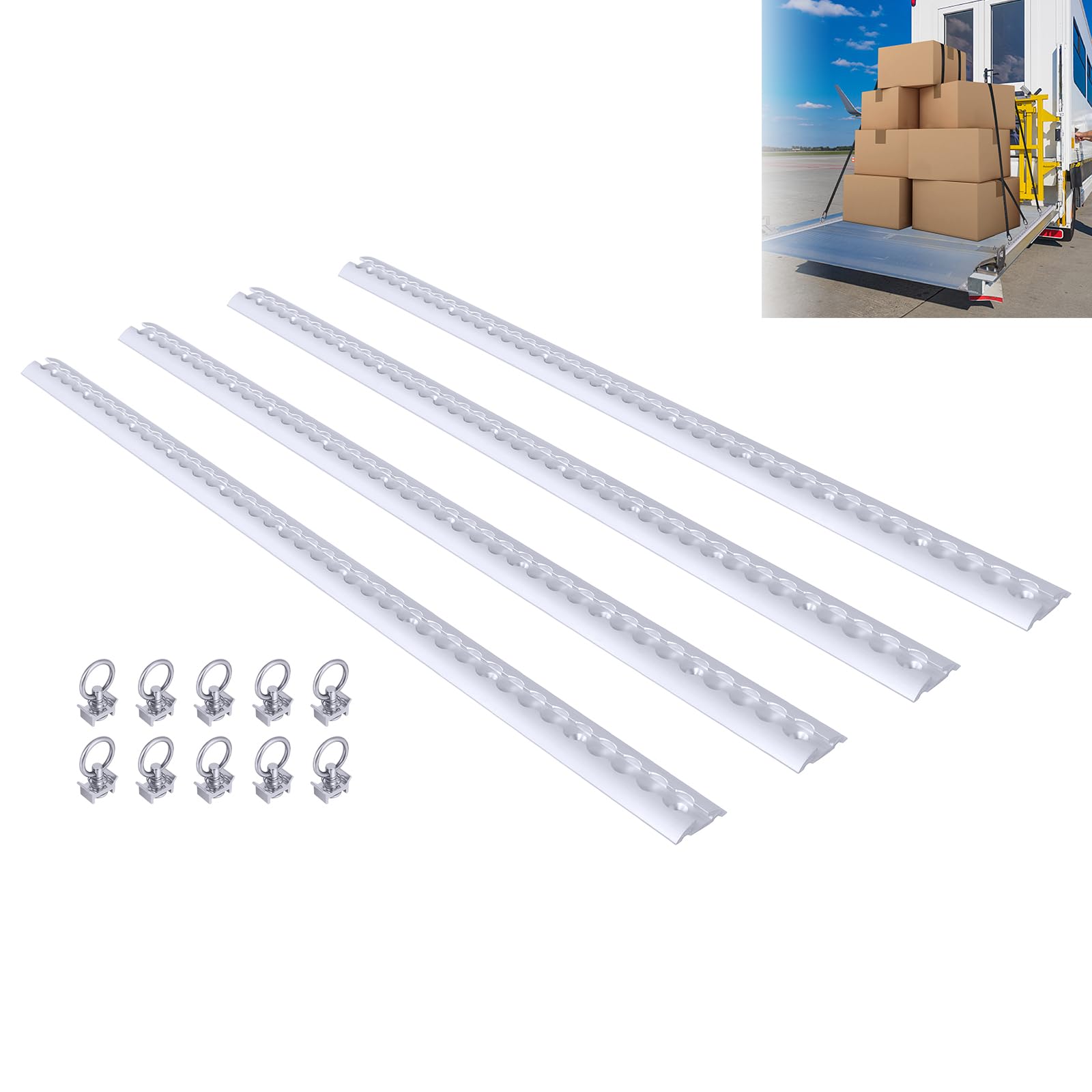 LARS360 Juego de rieles de fijación para carga de aluminio, 4 x 1 metro de forma semicircular con 10 clips de cierre de color plateado, riel de fijación para carga, accesorio para camiones, remolques