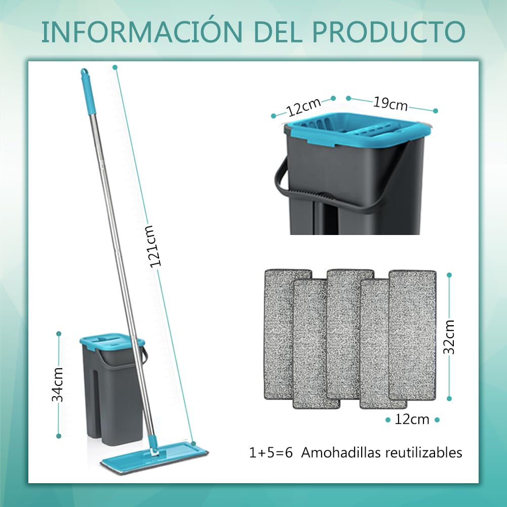 Mopa para Limpiar Azulejos y Paredes Mopa Fregona con Cubo Escurridor Trapeador Fregona Autoescurrible Mopas de Limpieza Suelos Mop Bucket Set 6 Almohadillas Gamuza Microfibra
