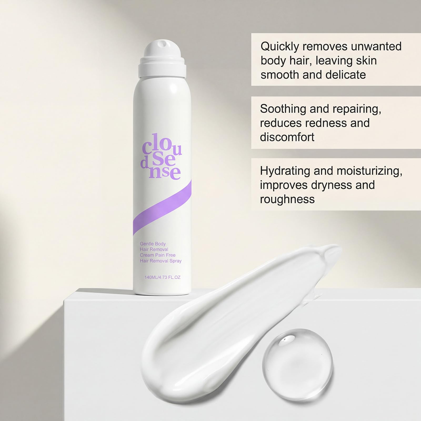 Cloud Sense spray do depilacji i delikatny, bezbolesny krem do depilacji, nawilżający i uspokajający, jedwabisty zestaw do usuwania włosów dla wrażliwej skóry, nóg, ramion, strefy bikini (5 szt.)