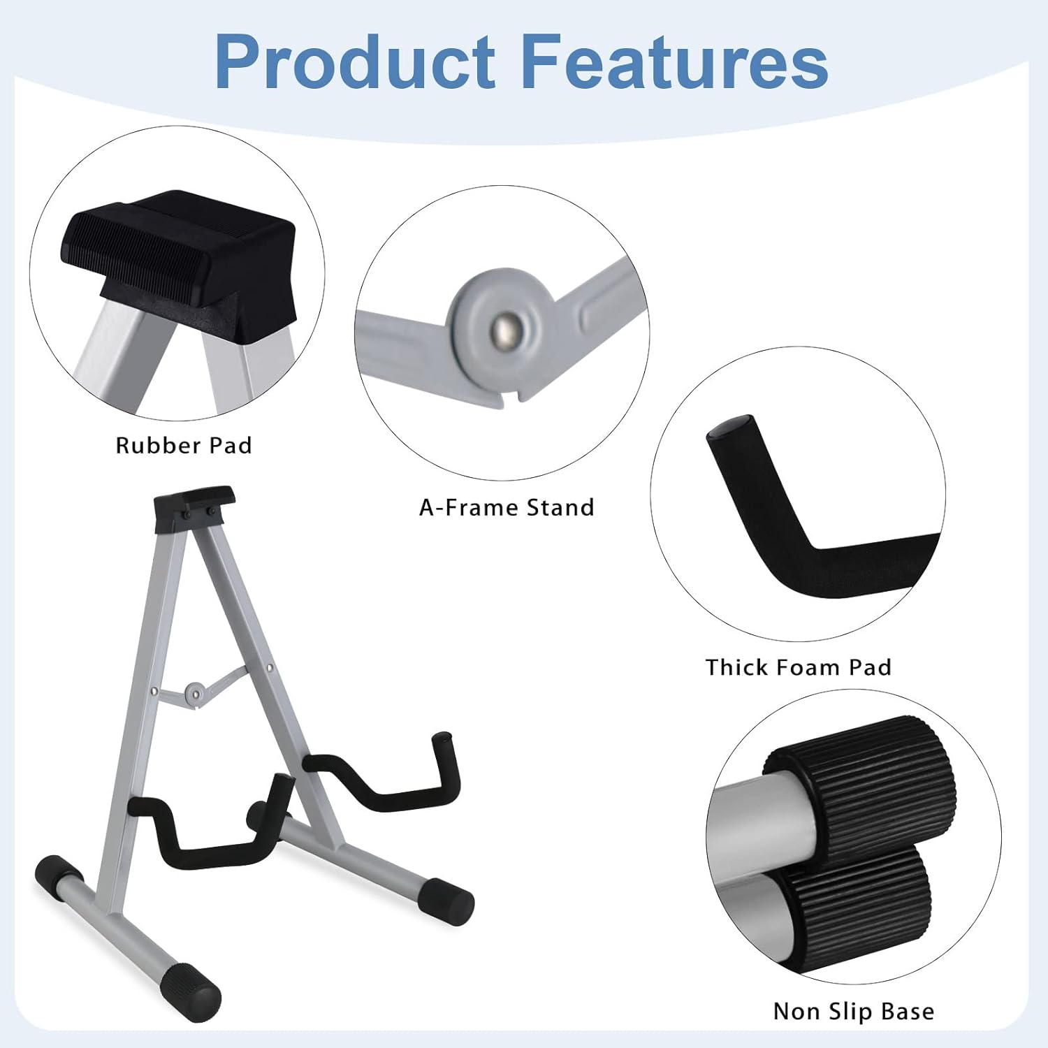 Close-up of the guitar stand's rubber pad, A-frame hinge, thick foam pad, and non-slip base.