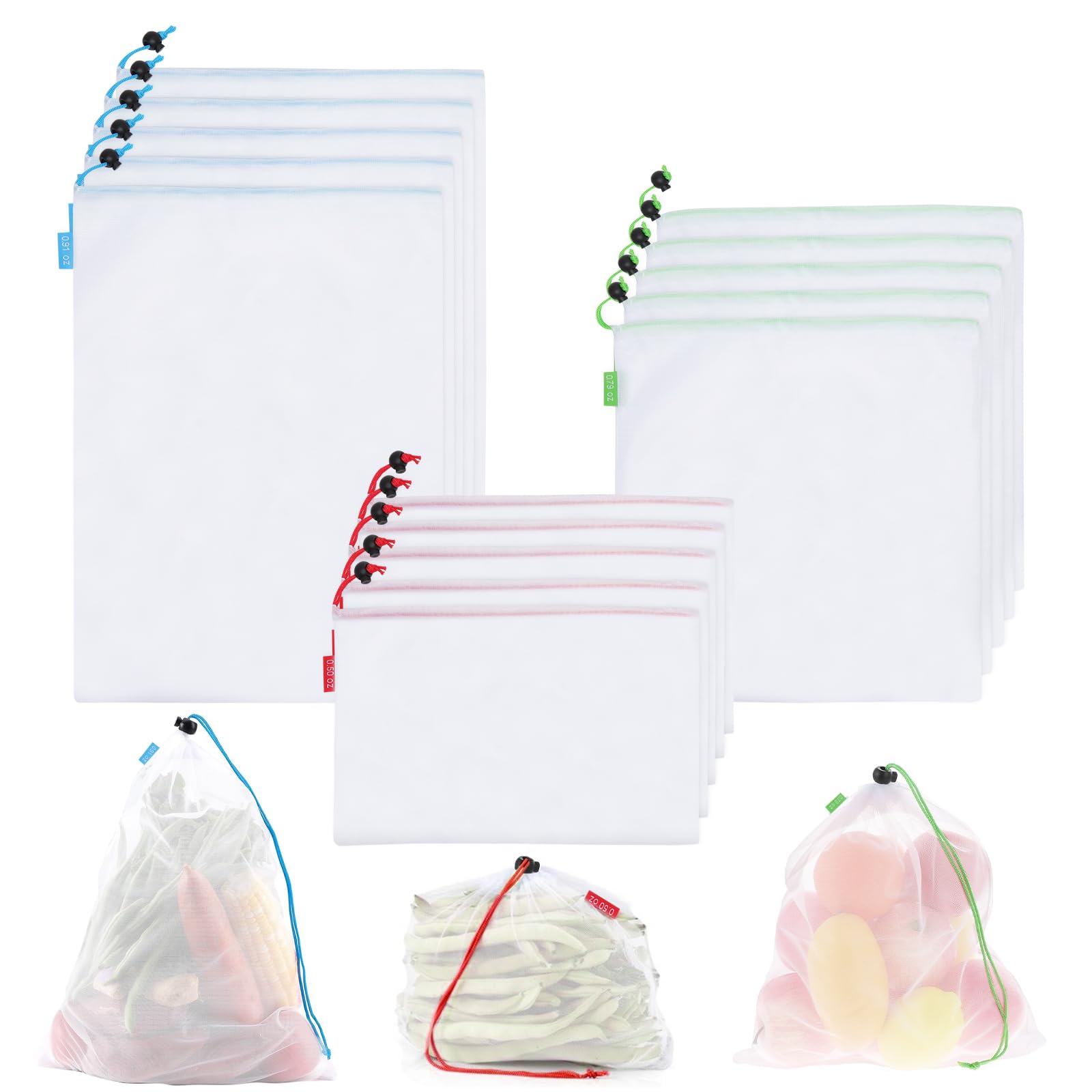 Sacs de Rangement réutilisables en Filet pour Fruits et Légumes avec Cordon de Serrage, 3 Tailles