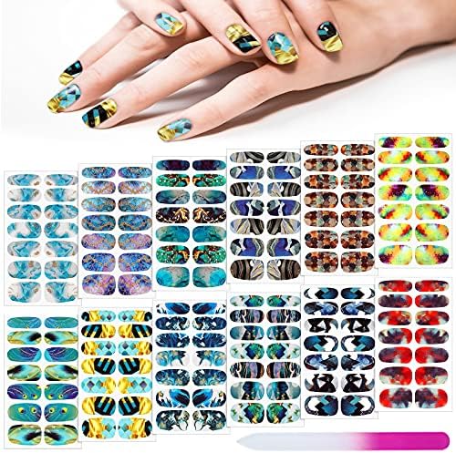 168 Pieces 12 Sheets Full Wrap Nail Polish Stickers Self Adhesive Glitter Gradient Marble Color Street Nail Decal Strips with Glass Nail File for Women Girls DIY Nail Craft (Fancy Style)