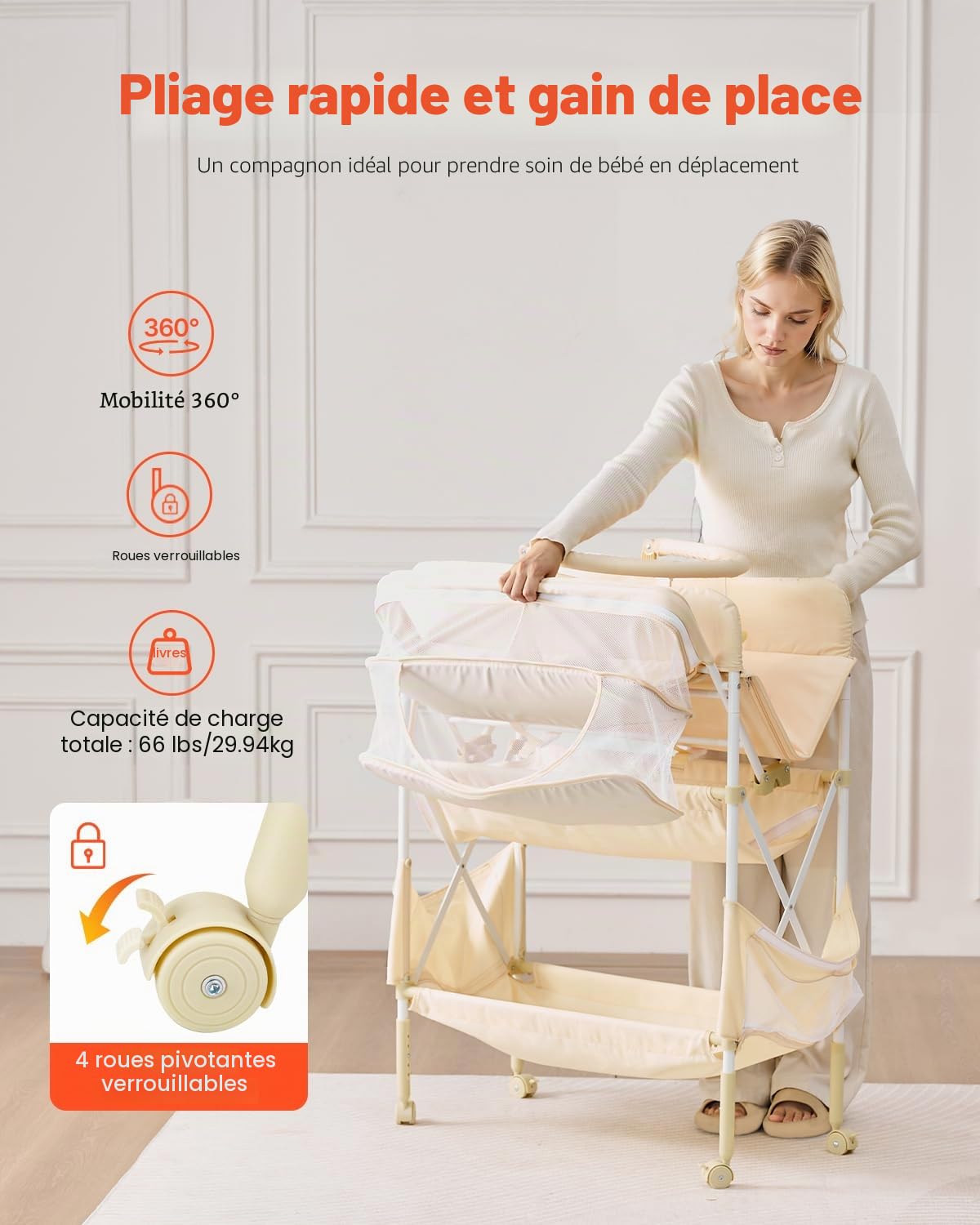 VEVOR Table à Langer Pliable, Plan à Langer 2 Tiroirs en Tissu, Panier Latéral et Tringle de Suspension, Meuble pour Bébé Réglable en Hauteur, avec Roulettes Verrouillables et 2 Jouets Étoiles, Beige