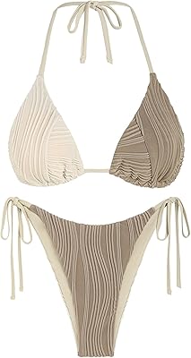 ZAFUL Bikini Sets for Women Halter Two Piece Swimsuit Ribbed High Cut Tie Side Thong Bathing Suit Sexy Padded Swimwear