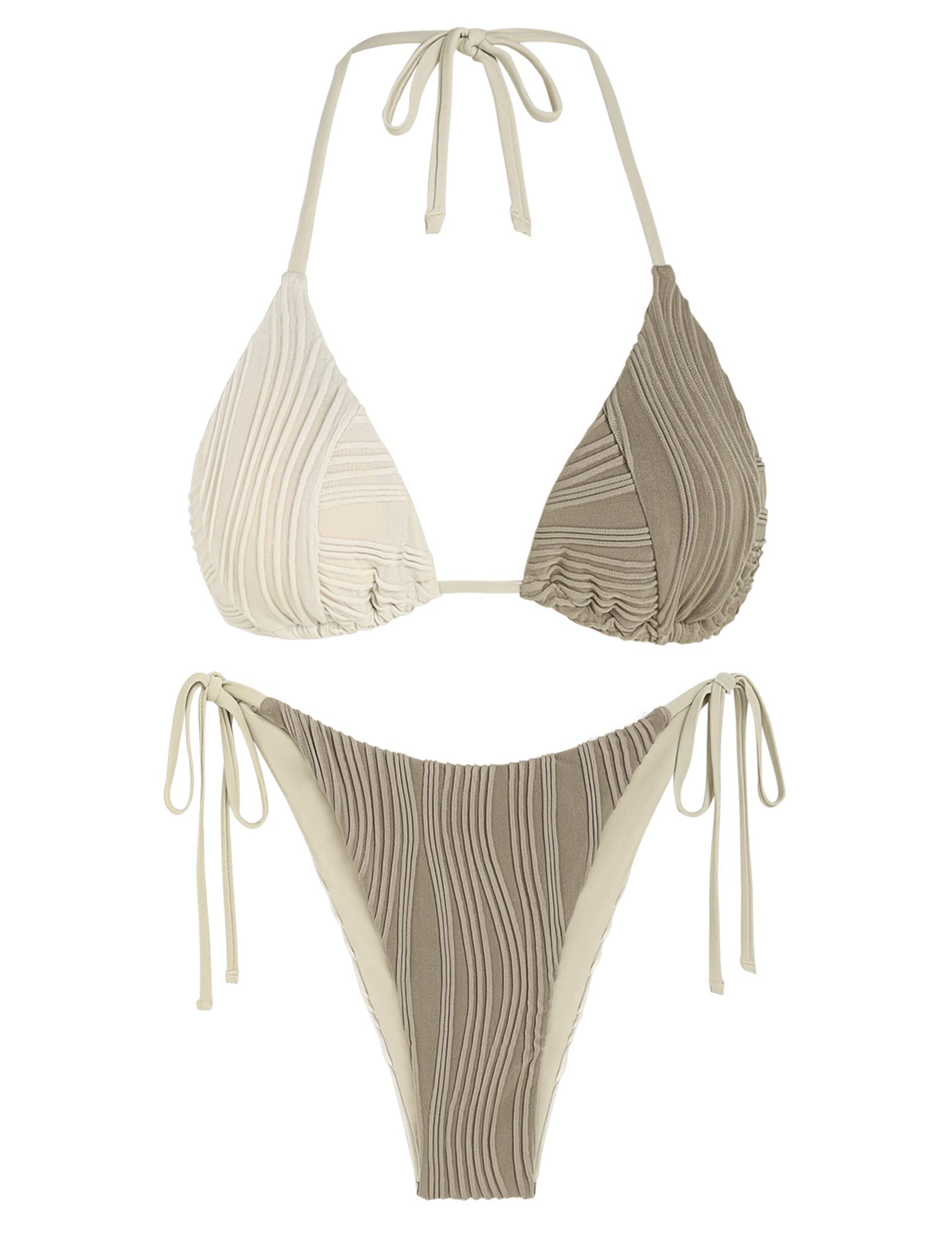 Photo 1 of ZAFUL Women's Two Piece Bathing Suit Ribbed Tie Back Halter Bikini Set High Cut Tie Side Bikini Bottom Swimsuit Coffee L