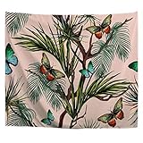 A.Monamour Wanddekor Wandbild Vorhang Wandteppiche Tropischer Sommer Palme Blätter Baum Schmetterling Zeichnung Bild Rosa Hintergründe Stoff Wand Tapisserie Wandbehänge Gardinen Picknick Decken