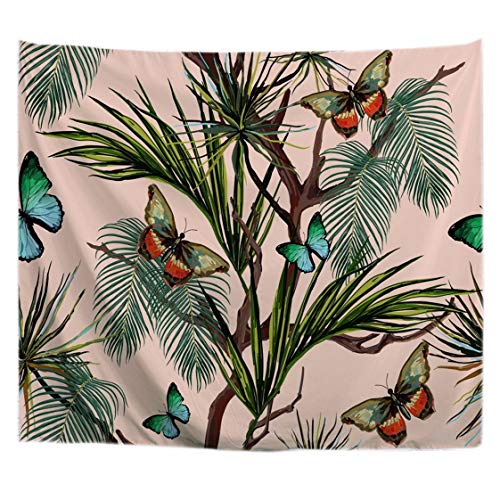 A.Monamour Wanddekor Wandbild Vorhang Wandteppiche Tropischer Sommer Palme Blätter Baum Schmetterling Zeichnung Bild Rosa Hintergründe Stoff Wand Tapisserie Wandbehänge Gardinen Picknick Decken