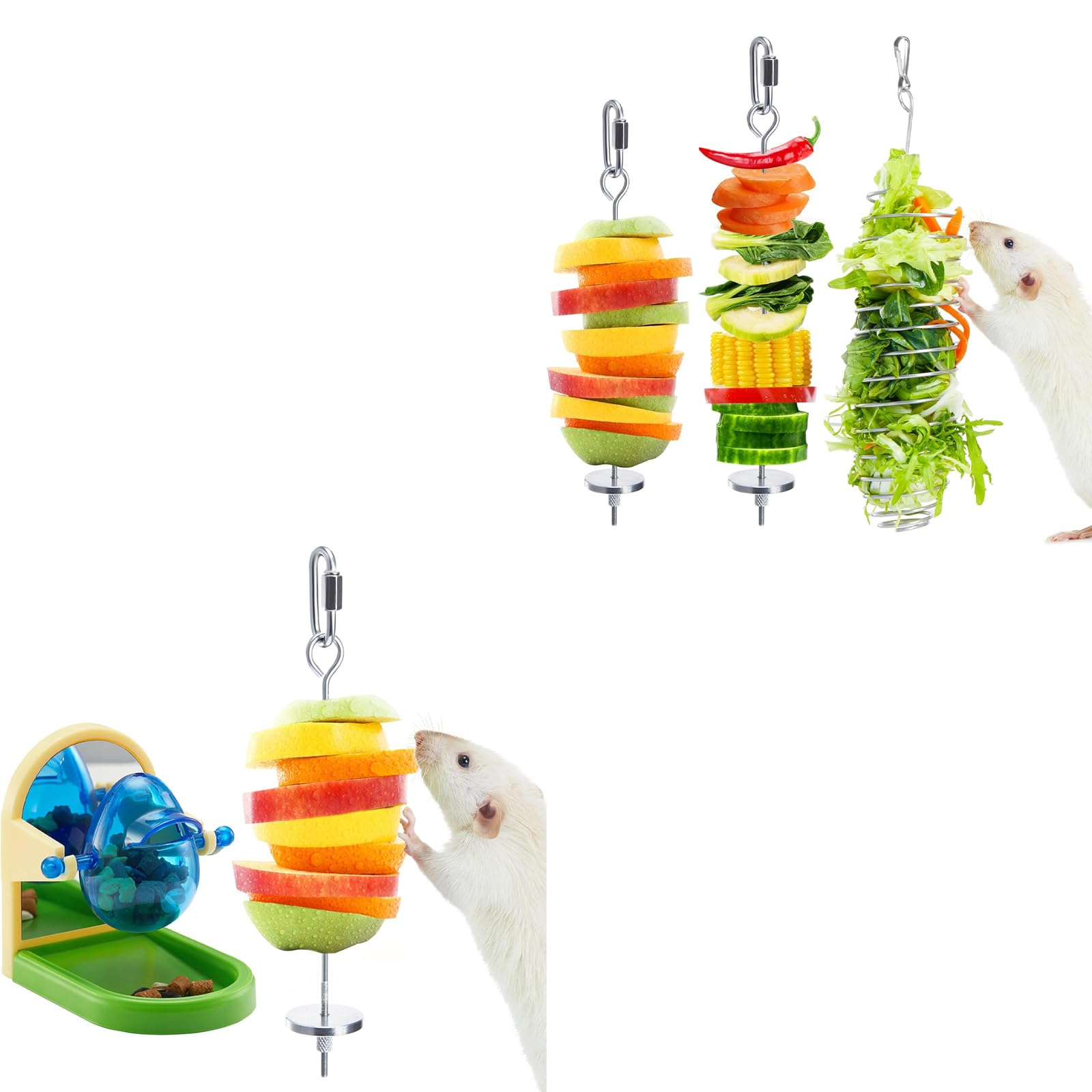 5Pcs 304 Stainless Steel Rat Enrichment Toys, Foraging Fruit Veg & Treat Dispenser Holder, Interactive Puzzle Cage Accessories Hanging Slow Feeder for Rats Mice Parakeet Birds