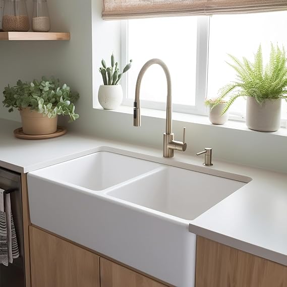 Sinkology Turner 33 Inch Fireclay Farmhouse Apron Front Double Bowl Kitchen Sink - White, Handcrafted with SureFire Chip-Resistant Glaze, Sinkology Everyday , 33 x 18 in, Fits 36 Cabinet